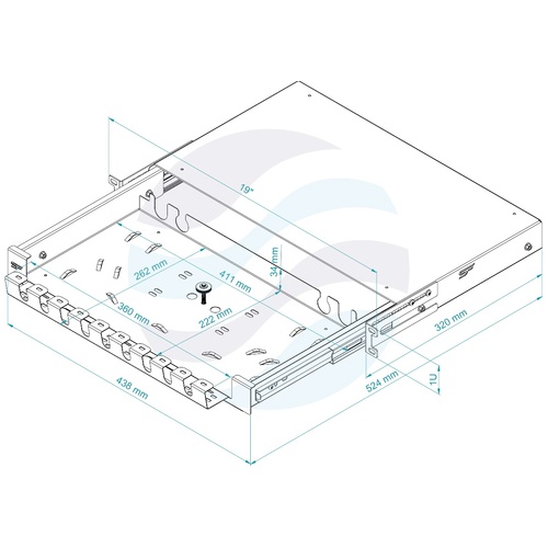 Szuflada zapasu kabla Rack 19" 1U 270mm, pełny wysuw 110%, grzebień na rzepy, przetłoczenia na kable, stal RAL9005, czarna 2