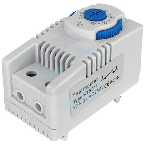 Termostat zamykający STS011 do sterowania wentylacją, styk NO, czujnik bimetaliczny, zakres 0-60°C, 230V AC, IP20, montaż szyna DIN 35mm, 60x43x33mm, jasnoszary 2