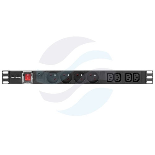 LANBERG Listwa zasilająca PDU 19" Rack 19" 1U, 8 gniazd wyłącznik w tym 4x NFC61-314 + 4x IEC320-C13 (UPS), alminium, dłg. kabla 2m 3
