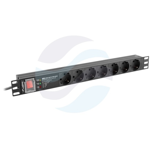 LANBERG Listwa zasilająca Rack 19" 1U, 7 gniazd SCHUKO, moduł przeciwprzepięciowy SPD-3MP, dłg. kabla 2m, czarna 3