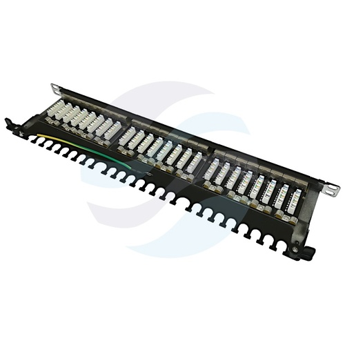 Patch panel STP 24-port RJ-45, kat.6A, rack 19" 0.5U z podstawką, czarny 2