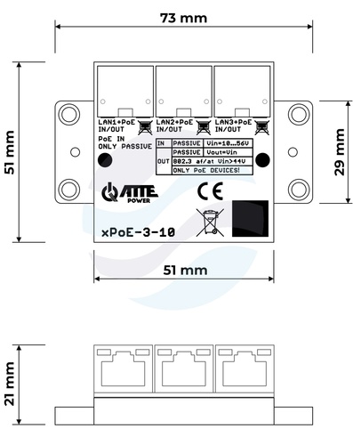 ATTE POWER xPoE-3-10 Switch PoE 3 portowy extender 3xPoE IN/OUT PASSIVE 2
