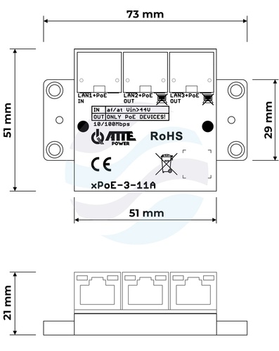 ATTE POWER xPoE-3-11A Switch PoE 3 portowy 10/100Mbps, extender 2