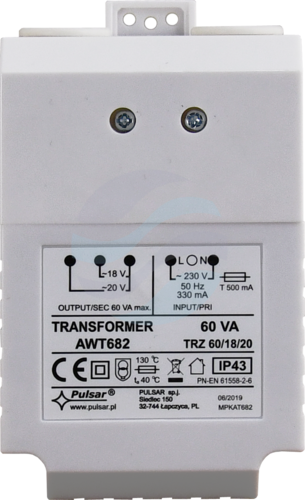 PULSAR AWT682 Transformator AC/AC TRZ 60VA/18V/20V, IP43 6