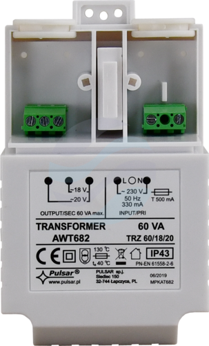 PULSAR AWT682 Transformator AC/AC TRZ 60VA/18V/20V, IP43 7