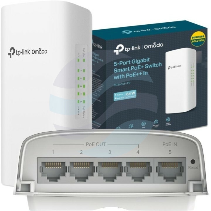 TP-Link SG2005P-PD Switch zewnętrzny Omada 5x 10/100/1000Mbps (IN 1x 10/100/1000Mbps PoE++, OUT 4x 10/100/1000Mbps 802.3at/af PoE/PoE+), IP55, 64W 1