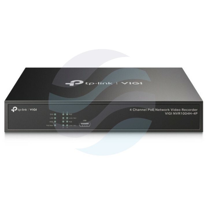 TP-Link VIGI NVR1004H-4P Rejestrator 4-kanałowy IP z PoE+ max. 8Mpx, 80/60 Mb/s, 4x PoE+, 1x HDMI (4K), 1x VGA, 1x SATA max. 10TB, 2x USB, H.265+ 1