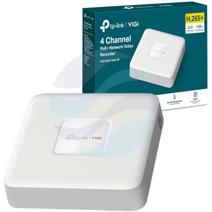 TP-Link VIGI NVR1104H-4P Rejestrator 4-kanałowy IP z PoE+ max. 8Mpx, 80/60 Mb/s, 4x PoE+, 1x HDMI (4K), 1x VGA, 1x SATA max. 10TB, 2x USB, H.265+ 1