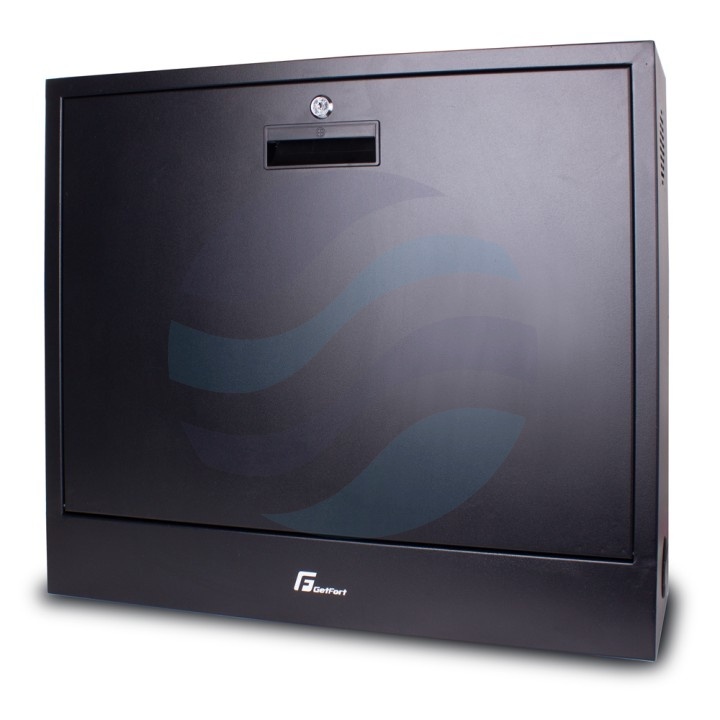 GETFORT Szafka CCTV multimedialna 19" 2U, wisząca pionowa, metalowa 580x500x130, drzwi opuszczane, przepust kablowy i szczotkowy, pasy, czarna 1