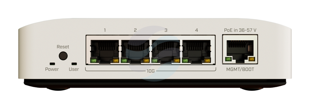 MikroTik CRS304-4XG-IN Switch 10G 4x 10GBase-T 1/2.5/5/10Gb/s, 1x 10/100/1000Mbps PoE-in 802.3af/at, 21W, 1.2GHz, 512MB, desktop / uchwyt DIN, RouterOS v7, L5, biały 1