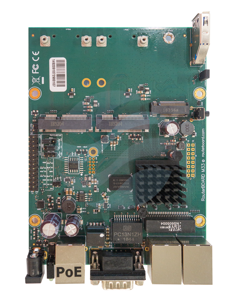 Mikrotik RBM33G Router gigabitowy (sama płyta) 2x 880MHz CPU, 256MB DDR RAM, 16MB, 3x Gbit LAN, 1x miniPCIe, 1x M.2, 2x SIM, 1x USB 3.0, DC IN 10-30VDC, RouterOS L4 1