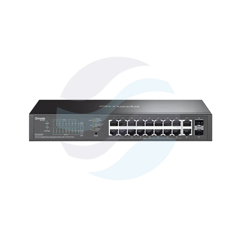 TP-Link ES220GP Switch gigabitowy zarządzalny Omada PoE+ 16x 10/100/1000Mb/s PoE+ 802.3at/af, 2x 10/100/1000Mb/s, 2x SFP, 150W, IGMP, Rack 19", metal, bezwentylatorowy 1