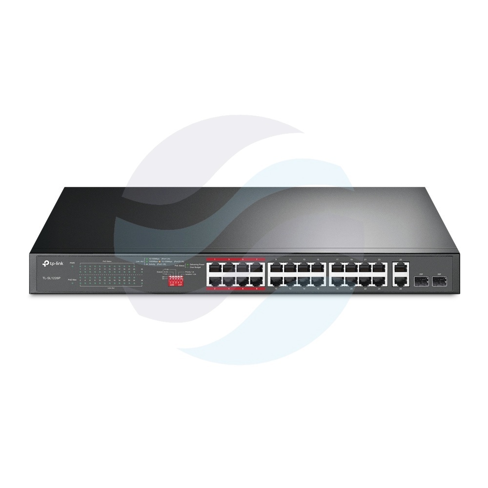 TP-Link TL-SL1226P Switch PoE 24x 10/100Mbps PoE+ 802.3at/af, Combo (2x Gbit, 2x SFP), 250W, metal RACK 19" 1