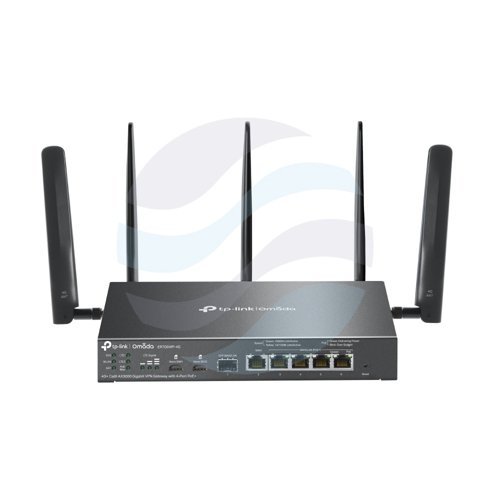 TP-Link ER706WP-4G Router Wi-Fi 6 4G+ Cat6 AX3000 Omada, 574/2402 Mb/s, 2,4/5 GHz, 3×4,5/3×5,5 dBi, 1× SFP Gigabit, 1× WAN Gigabit, 4× WAN/LAN Gigabit PoE+, 2× Nano SIM, zasilacz 53,5 V 1,31 A w zestawie, czarny 1
