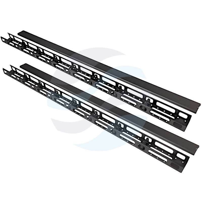 Organizator kabli pionowy 42U, 1870mm, szer. 90mm, gł. 70mm, 7x uchwyt plastikowy, otwierana maskownica zatrzaskowa, stal 1.2mm + ABS, czarny RAL9004, zestaw 2 szt. 1