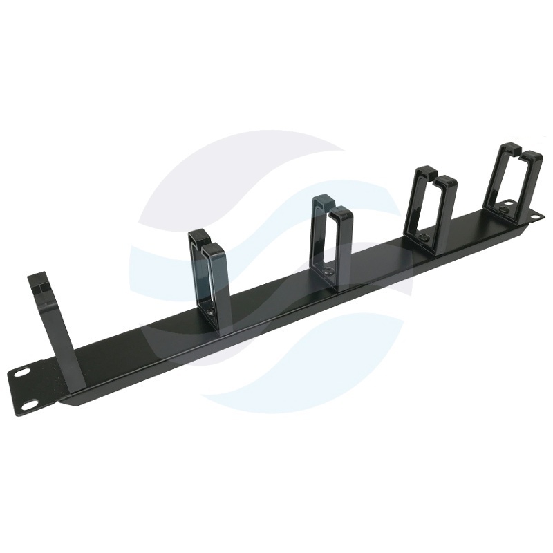 Organizator kabli poziomy 19" 1U, 5x uchwyt plastikowy oczkowy, mocowanie doczołowe, stal + plastik ABS, czarny 1