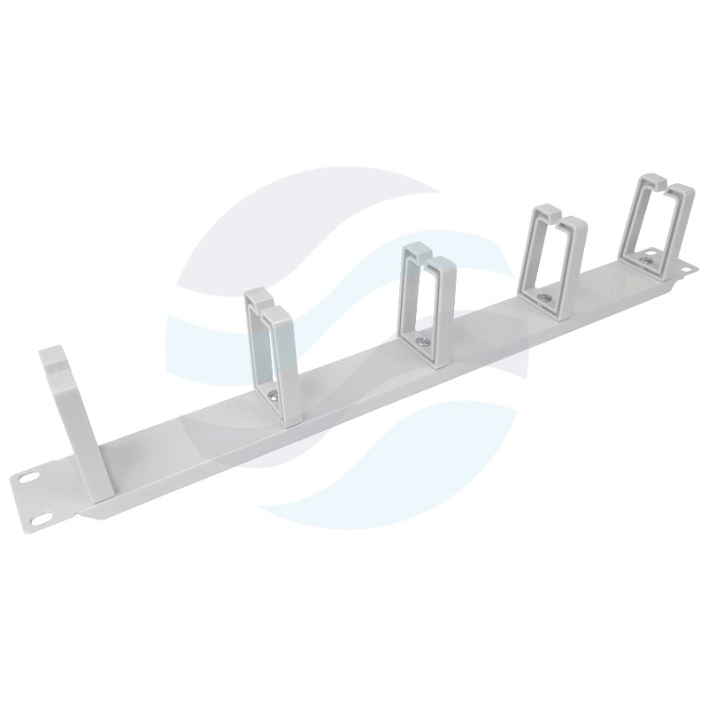 Organizator kabli poziomy 19" 1U, 5x uchwyt plastikowy oczkowy, mocowanie doczołowe, stal + plastik ABS, szary 1