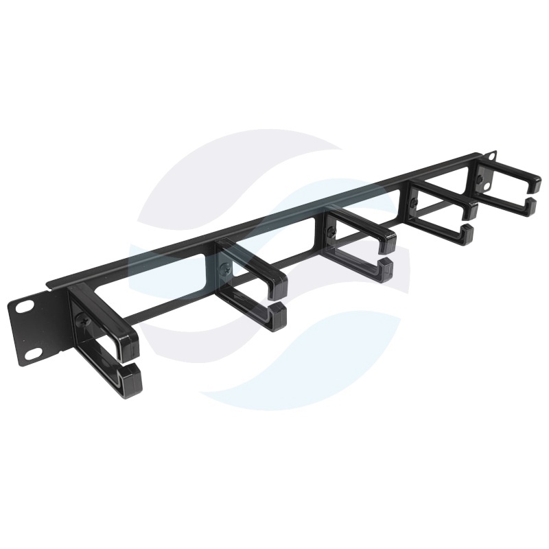 Organizator kabli poziomy 19" 1U z otworami, 5x uchwyt plastikowy oczkowy, mocowanie doczołowe, stal + plastik ABS, wym. 482x44x80mm, czarny 1