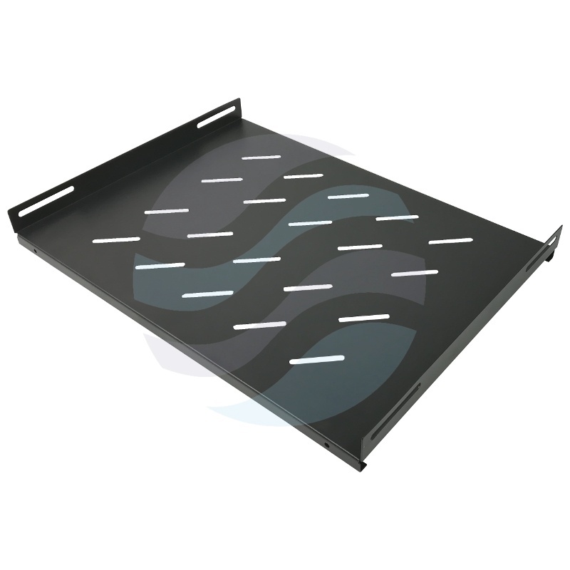 Półka stała 19" 1U do szaf stojących 600mm, montaż czteropunktowy boczny, głębokość 350mm, szer. użytkowa 469mm, regulacja 200-320mm, udźwig 50kg, perforowana, stal, czarna 1