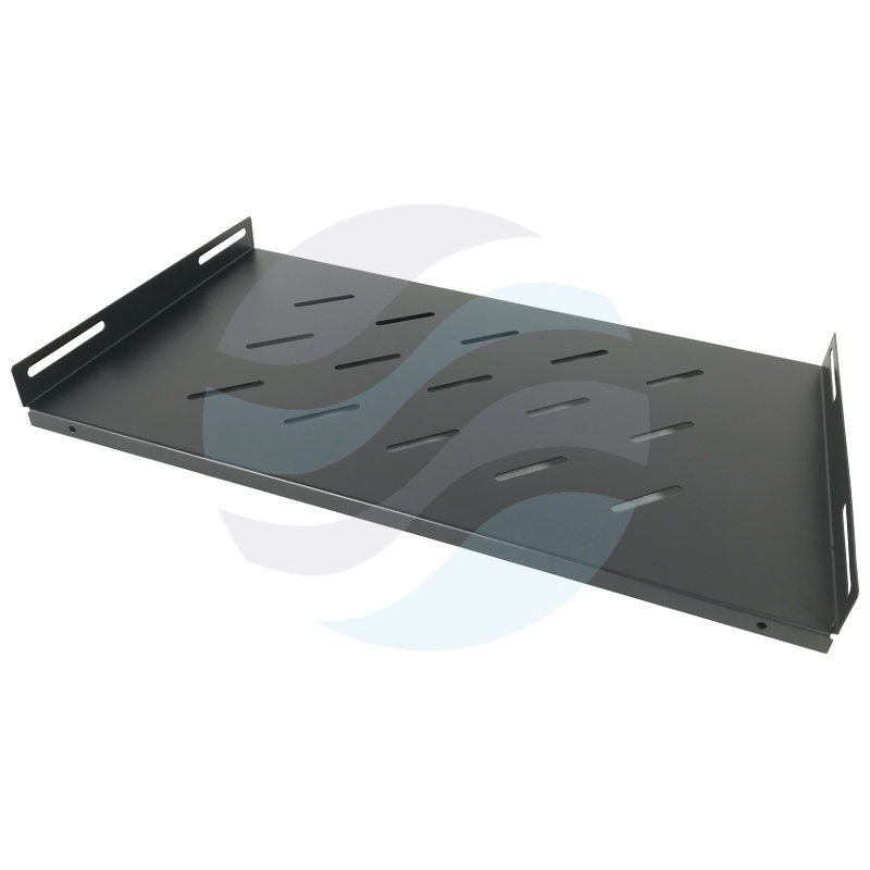 Półka stała 19" 1U do szaf wiszących 450mm/550mm, montaż czteropunktowy boczny, głębokość 270mm, szer. użytkowa 489mm, regulacja 120-240mm, udźwig 50kg, stal, czarna 1