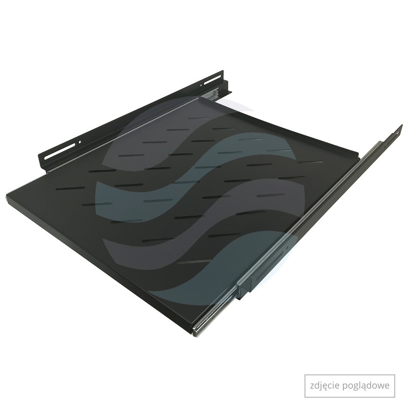 Półka wysuwana 19" 1U, głębokość 500mm, do szaf stojących 1000mm, montaż czteropunktowy boczny, regulacja 310-670mm, wysunięcie 320mm, udźwig 15kg, łożyska kulkowe, czarna 1