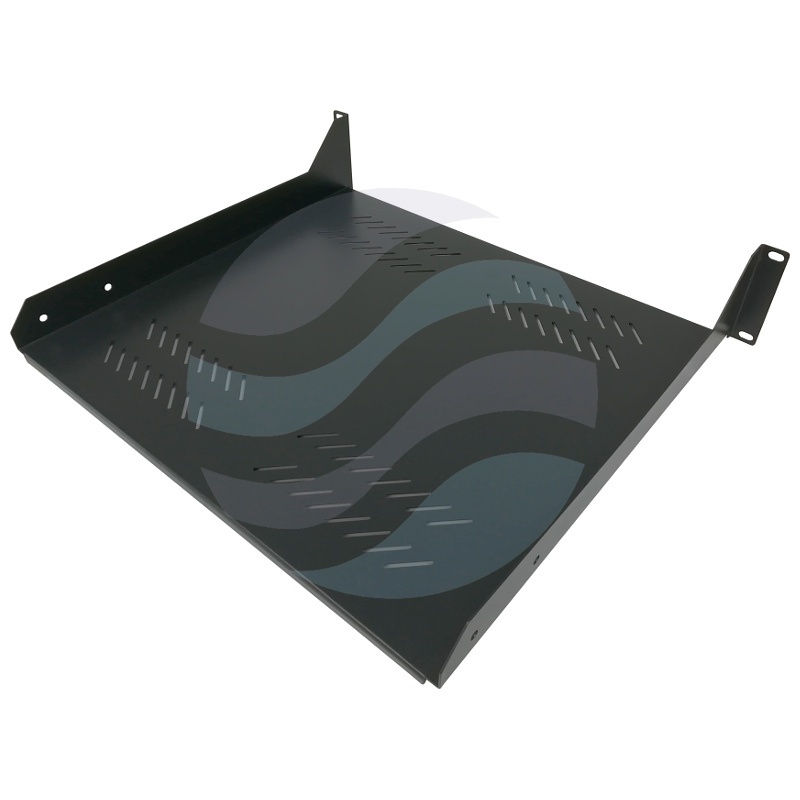 Półka stała 19" 2U 400mm (użytk. 390mm) perforowana, montaż doczołowy (przód), stal, udźwig 25kg, czarna 1