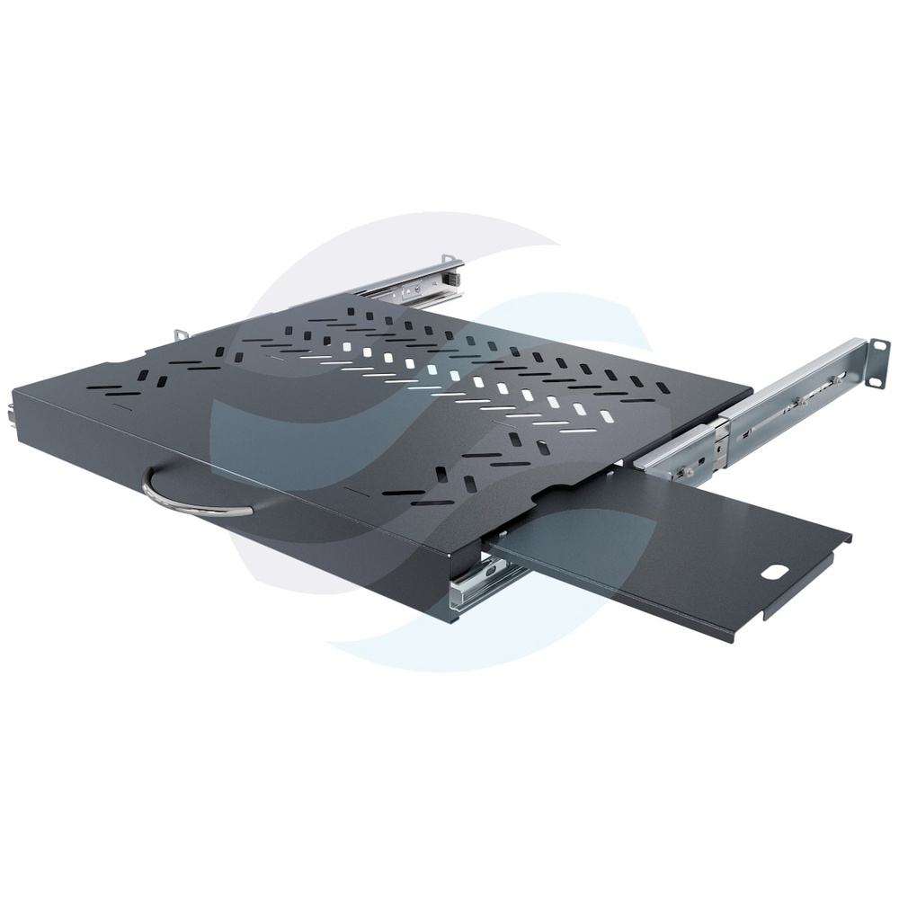 Półka wysuwana 19" 1U 350mm pod klawiaturę i myszkę, prowadnice kulkowe, regulowana 350-450mm, podstawka na mysz L/P, udźwig 30kg, czarna 1