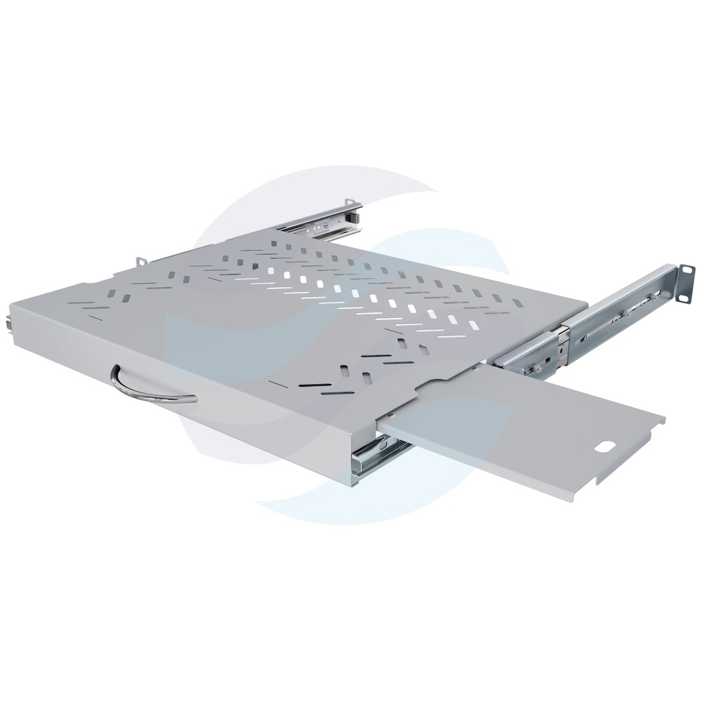Półka wysuwana 19" 1U 350mm pod klawiaturę i myszkę, prowadnice kulkowe, regulowana 350-450mm, podstawka na mysz L/P, udźwig 30kg, szara 1