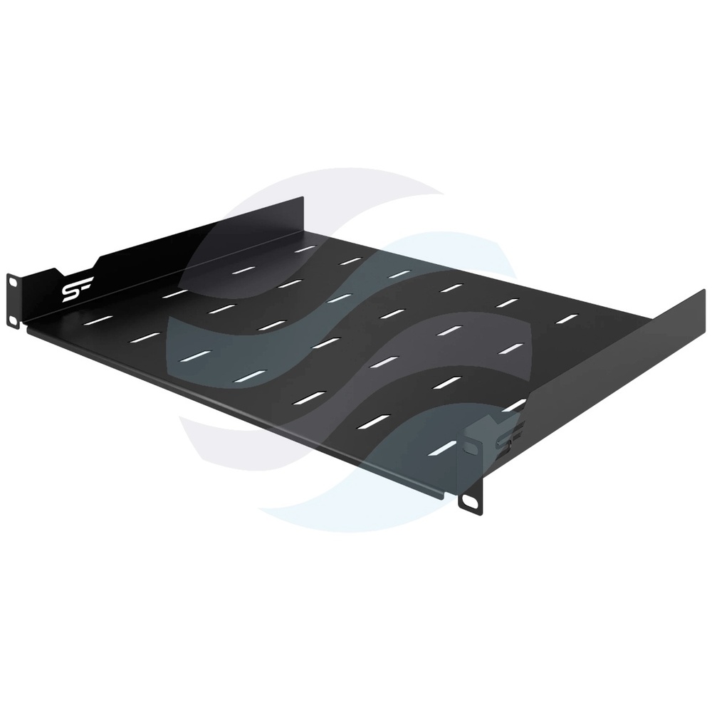 Półka stała 19" 1U 350mm perforowana, montaż doczołowy (przód), stal 1mm, udźwig 25kg, czarna 1