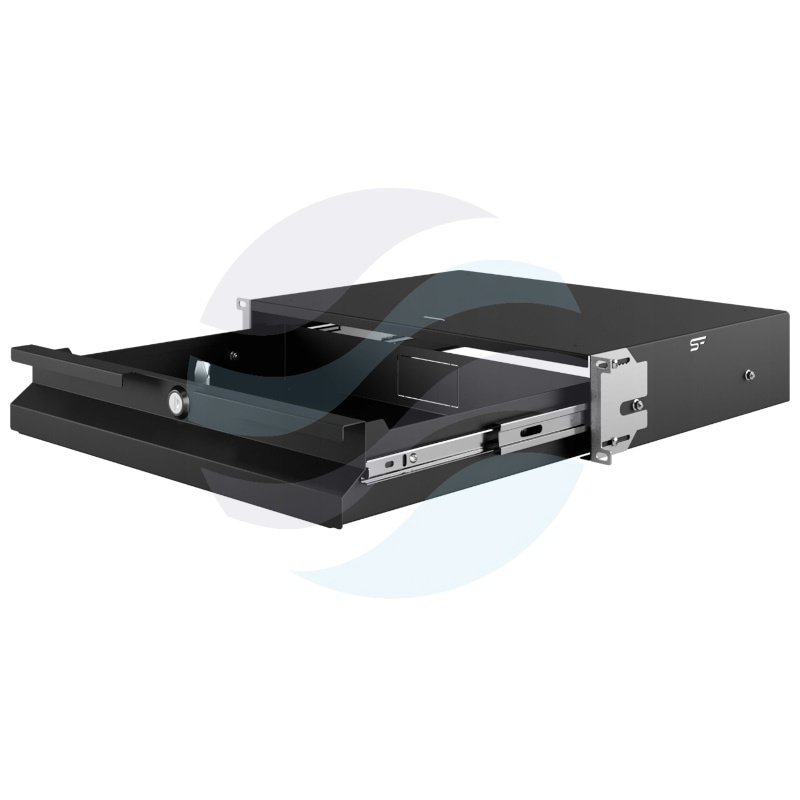 Szuflada zamykana Rack 19" 2U 320mm wysuwana, zamek z kluczem, przepust kablowy, regulacja ±40mm, nośność 20kg, czarna 1