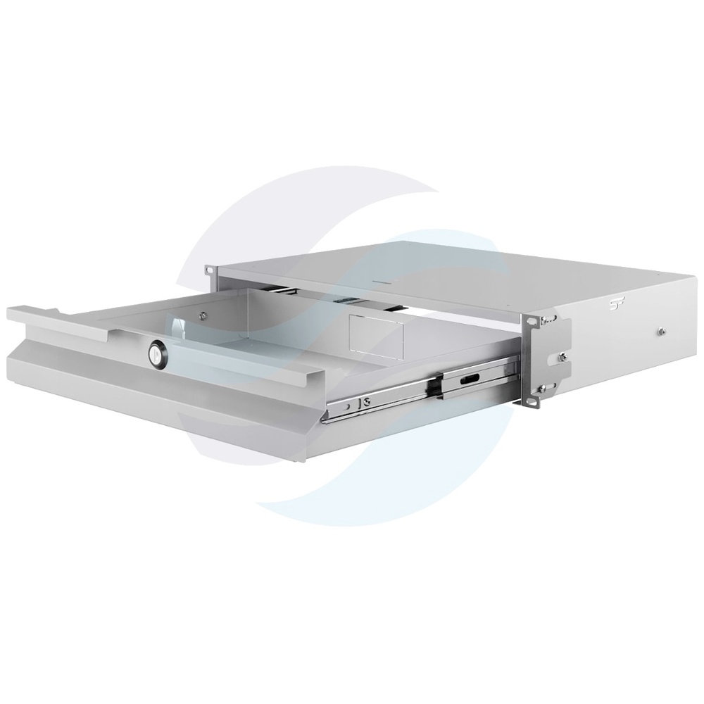 Szuflada zamykana Rack 19" 2U 320mm wysuwana, zamek z kluczem, przepust kablowy, regulacja ±40mm, nośność 20kg, szara 1