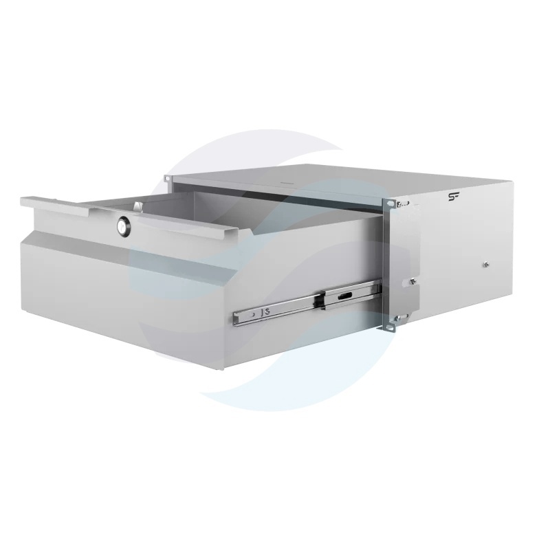 Szuflada zamykana Rack 19" 4U 320mm wysuwana, zamek z kluczem, wyłamywany przepust kablowy, regulacja ±40mm, nośność 15kg, szara 1