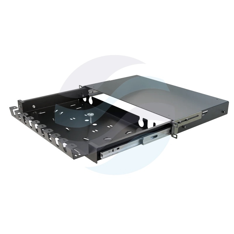 Szuflada zapasu kabla Rack 19" 1U 270mm, pełny wysuw 110%, grzebień na rzepy, przetłoczenia na kable, stal RAL9005, czarna 1