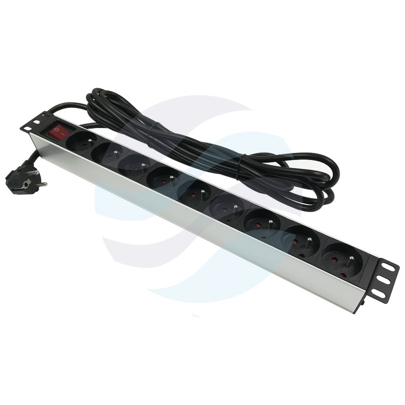 Listwa zasilająca Rack 19" 1U, 9 gniazd, aluminium, dłg. kabla 5m, srebrna 1