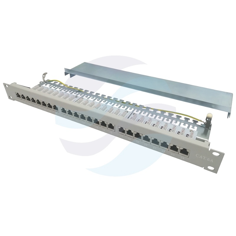 Patch panel STP 24-port RJ-45, kat.6A, rack 19" 1U z podstawką, szary 1