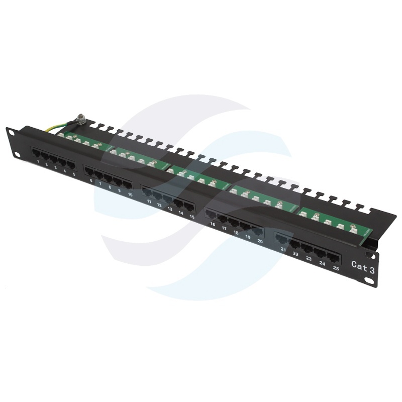 Patch panel telefoniczny UTP 25-port RJ-45, kat.3, rack 19" 1U z tacką, czarny 1