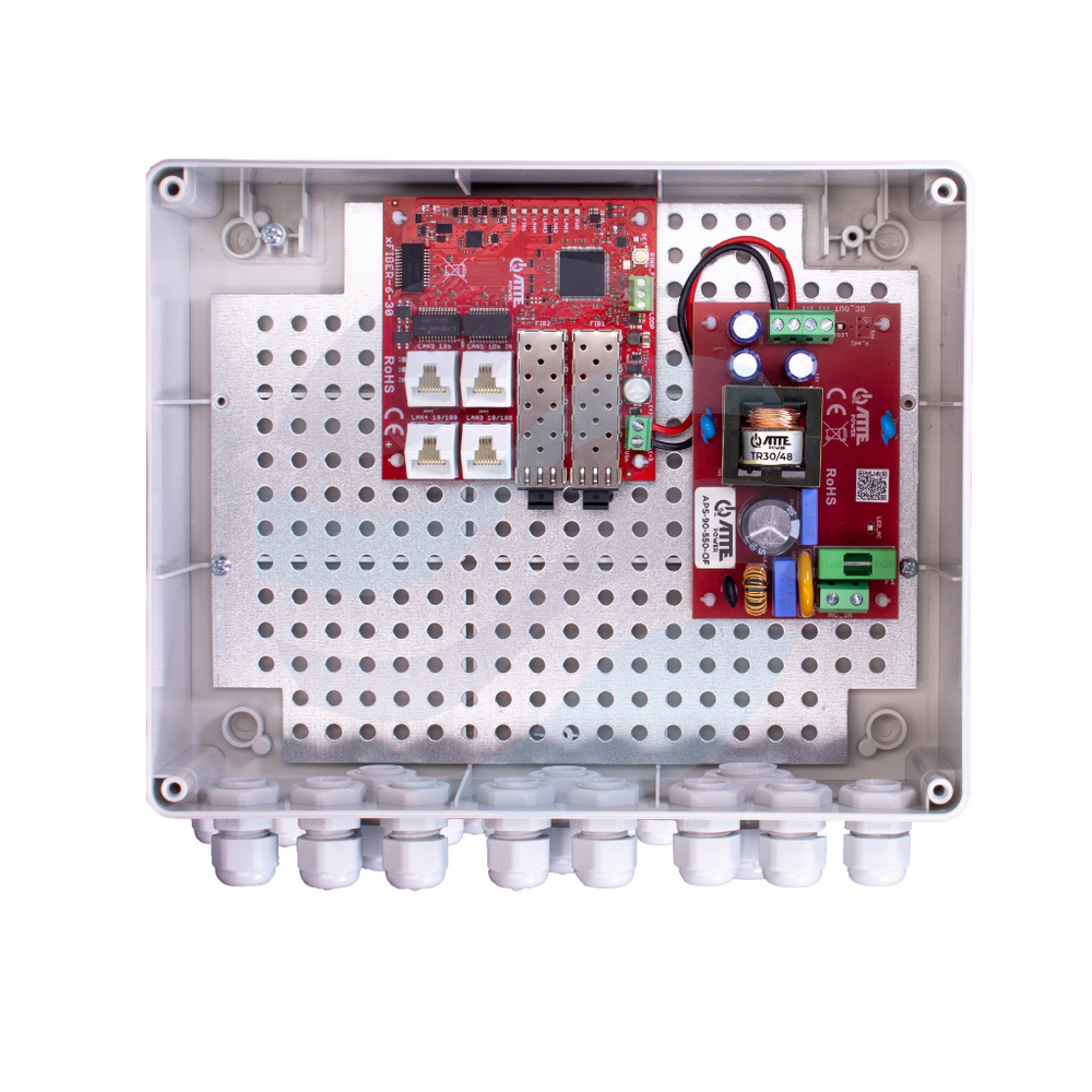 ATTE IP-3-30-L2 Zestaw do 3 kamer IP, switch PoE 4-portowy (3x PoE 802.3af/at + 1x Uplink) + 2 porty SFP 100/1000Mbps, tryb RING + zasilacz 96W w obudowie zewnętrznej ABOX-L2 1