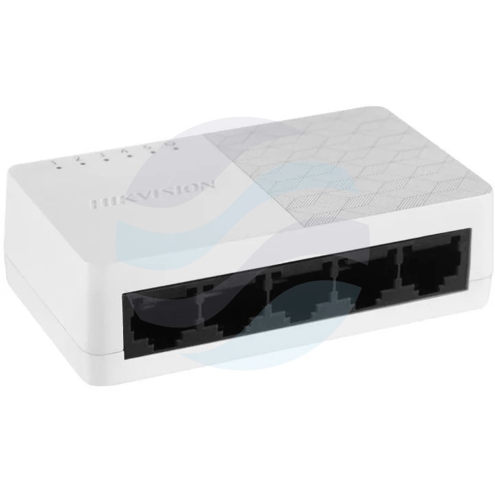 Hikvision DS-3E0105D-O Switch niezarządzalny SOHO 5x RJ45 Fast Ethernet 10/100Mb/s, przepustowość 1Gb/s, obudowa ABS, ochrona przeciwprzepięciowa 2kV, montaż biurkowy lub ścienny, zasilacz 5V DC 0.6A w zestawie 1