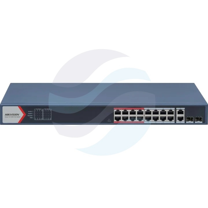 Hikvision DS-3E1318P-EI(B) Switch Smart Managed PoE+ LinkVu 16x RJ45 10/100Mb/s PoE 802.3af/at, 2x Gigabit Combo RJ45/SFP, max. 30W na port, budżet PoE 230W, VLAN, STP/RSTP, Long Range 300m, PoE Watchdog, metalowy 1