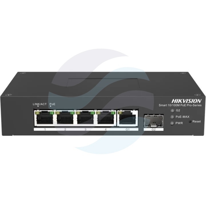 Hikvision DS-3T1306P-SI/HS Switch przemysłowy Smart Managed PoE+ 4x RJ45 10/100Mb/s PoE 802.3af/at, 1x Gigabit RJ45, 1x Gigabit SFP, max. 30W na port, budżet PoE 60W, Long Range 300m, VLAN, STP/RSTP, PoE Watchdog, metalowy, montaż DIN 1
