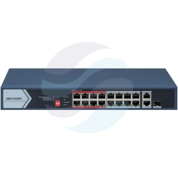 Hikvision DS-3E0318P-E/M(C) Switch PoE niezarządzalny 16x 10/100Mb/s PoE 802.3af/at, 1x Gigabit RJ45, 1x Gigabit Combo, budżet PoE 130W, Long Range 300m, PoE Watchdog, metalowy 1