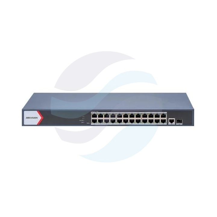 Hikvision DS-3E1526P-EI/M Switch PoE zarządzalny 24x Gigabit PoE 802.3af/at, 1x Gigabit RJ45, 1x Gigabit SFP, budżet PoE 230W, VLAN, Long Range 300m, PoE Watchdog, rack, metalowy 1