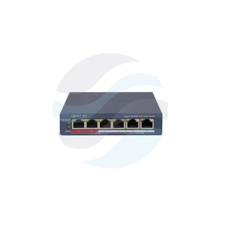 Hikvision DS-3E1106P-EI/M Switch PoE Smart 4x 10/100Mb/s PoE 802.3af/at, 2x 10/100Mb/s RJ45, budżet PoE 45W, VLAN, STP/RSTP, Long Range 300m, PoE Watchdog, metalowy 1