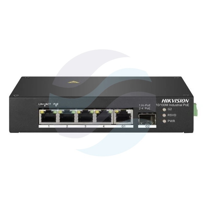 Hikvision DS-3T0306HP/No Power unit Switch PoE przemysłowy niezarządzalny 4x 10/100Mb/s PoE 802.3af/at/bt, 1x Gigabit RJ45, 1x Gigabit SFP, Hi-PoE 90W, budżet PoE 110W, Long Range 300m, bez zasilacza, metalowy 1