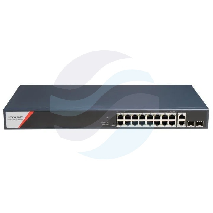 Hikvision DS-3E1520HP-SI-16P2T2F Switch PoE Smart 16x 10/100/1000Mb/s PoE, 2x Gigabit RJ45, 2x Gigabit SFP, Hi-PoE 90W, budżet PoE 230W, VLAN, SNMP, QoS, PoE Watchdog, metalowy 1