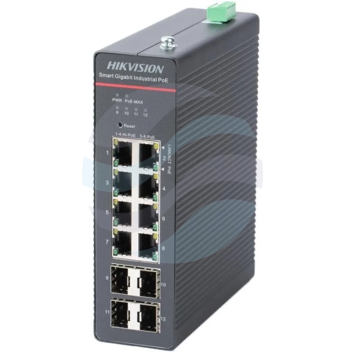 Hikvision DS-3T1512HP-SI-8P4F/No Power unit Switch PoE przemysłowy zarządzalny Smart 8x Gigabit PoE, 4x Gigabit SFP, Hi-PoE 90W, budżet PoE 300W, VLAN, SNMP, QoS, PoE Watchdog, IP40, bez zasilacza, metalowy 1