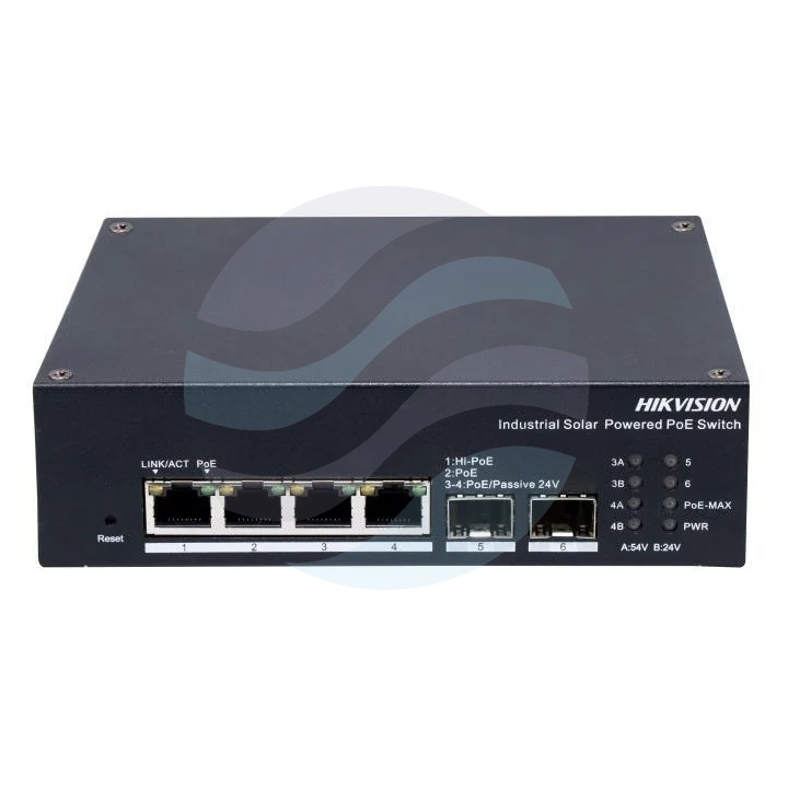 Hikvision DS-3T1506HP-EI-UPS Switch przemysłowy zarządzalny LinkVu Hi-PoE 4x RJ45 Gigabit PoE, 2x SFP Gigabit, port 1 802.3af/at/bt do 90W, porty 2-4 802.3af/at do 30W, budżet PoE 60W przy 12-24V DC lub 110W przy 54V DC, PoE Watchdog, Long Range 300m, IP3 1