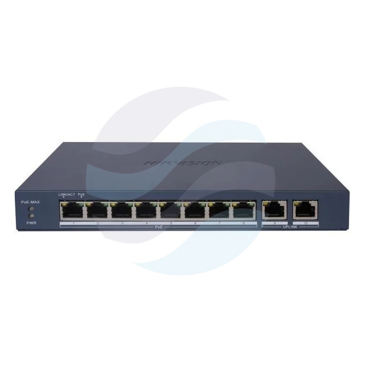 Hikvision DS-3E1510P-EI/M(B) Switch gigabitowy Smart Managed LinkVu PoE+ 8x RJ45 PoE 802.3af/at, 2x RJ45 Gigabit, max. 30W na port, budżet PoE 80W, przepustowość 20Gb/s, ochrona 6kV, PoE Watchdog, Long Range 300m 1