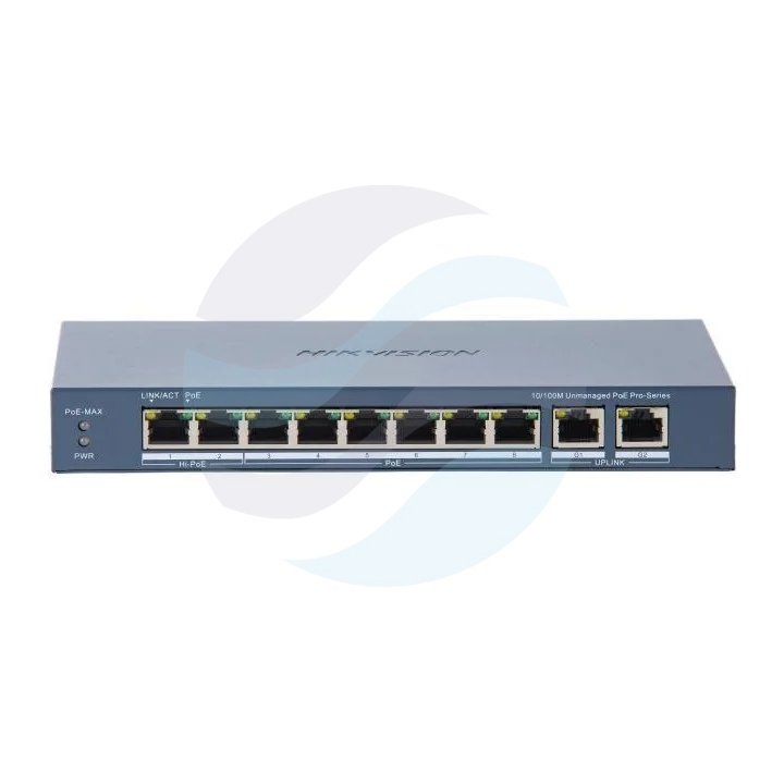 Hikvision DS-3E0310HP-E(C) Switch Hi-PoE niezarządzalny 8x 10/100Mb/s PoE + 2x Gigabit uplink, porty 1-2 Hi-PoE 802.3bt do 90W, porty 3-8 802.3af/at do 30W, budżet PoE 110W, PoE Watchdog, Long Range 300m 1