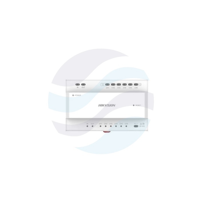 Hikvision DS-KAD7060EY Główny dystrybutor wideodomofonowy 2-Wire HD, 6x kanał do stacji bramowych, monitorów lub DS-KAD7061EY, 2x interfejs kaskadowy IN/OUT, zasilanie 48V DC, DIN 1